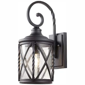 Walcott Manor 18.75 in. 1-Light Black Industrial Outdoor Wall Light Sconce Lantern with Clear Seeded Glass