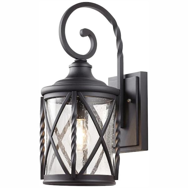 Home Decorators Collection Walcott Manor 18.75 in. 1-Light Black Industrial Outdoor Wall Lantern Sconce with Clear Seeded Glass