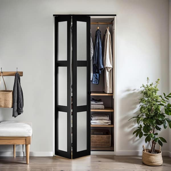 30 in. x 78 in. 3-Lite Frosted Glass Solid Core Black Finished MDF Interior Closet Bi-Fold Door with Hardware Kit