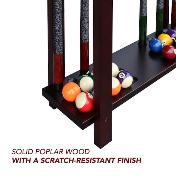 Wall Mounted Dark Brown Wood Pool Cue Stick Holder Rack for 6 Cues with  Billiard Ball Storage Shelf, 3-Piece Set