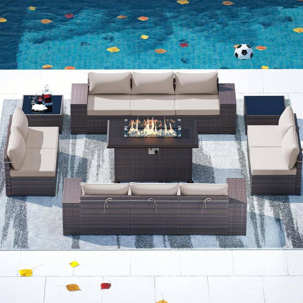 13-Piece Wicker Patio Conversation Set with 55000 BTU Gas Fire Pit Table, Glass Coffee Table, Cushions Sand, Garden