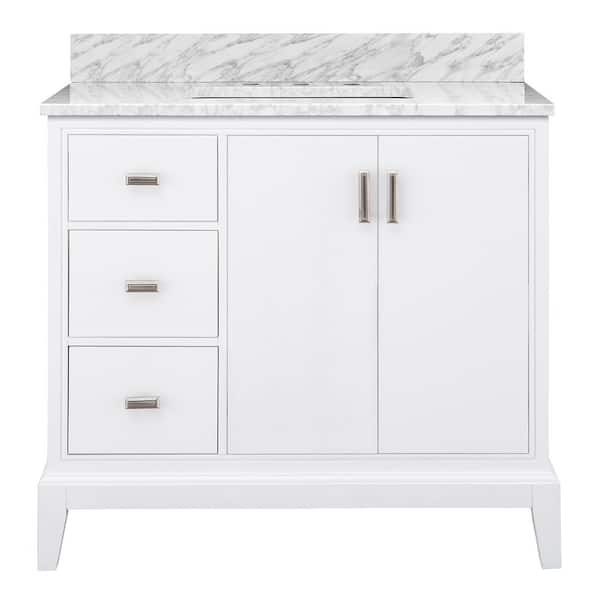 Home Decorators Collection Shaelyn 37 in W x 22 in D x 34.78 in. H Single Sink Freestanding Bath Vanity (L) in White with Carrara White Marble Top