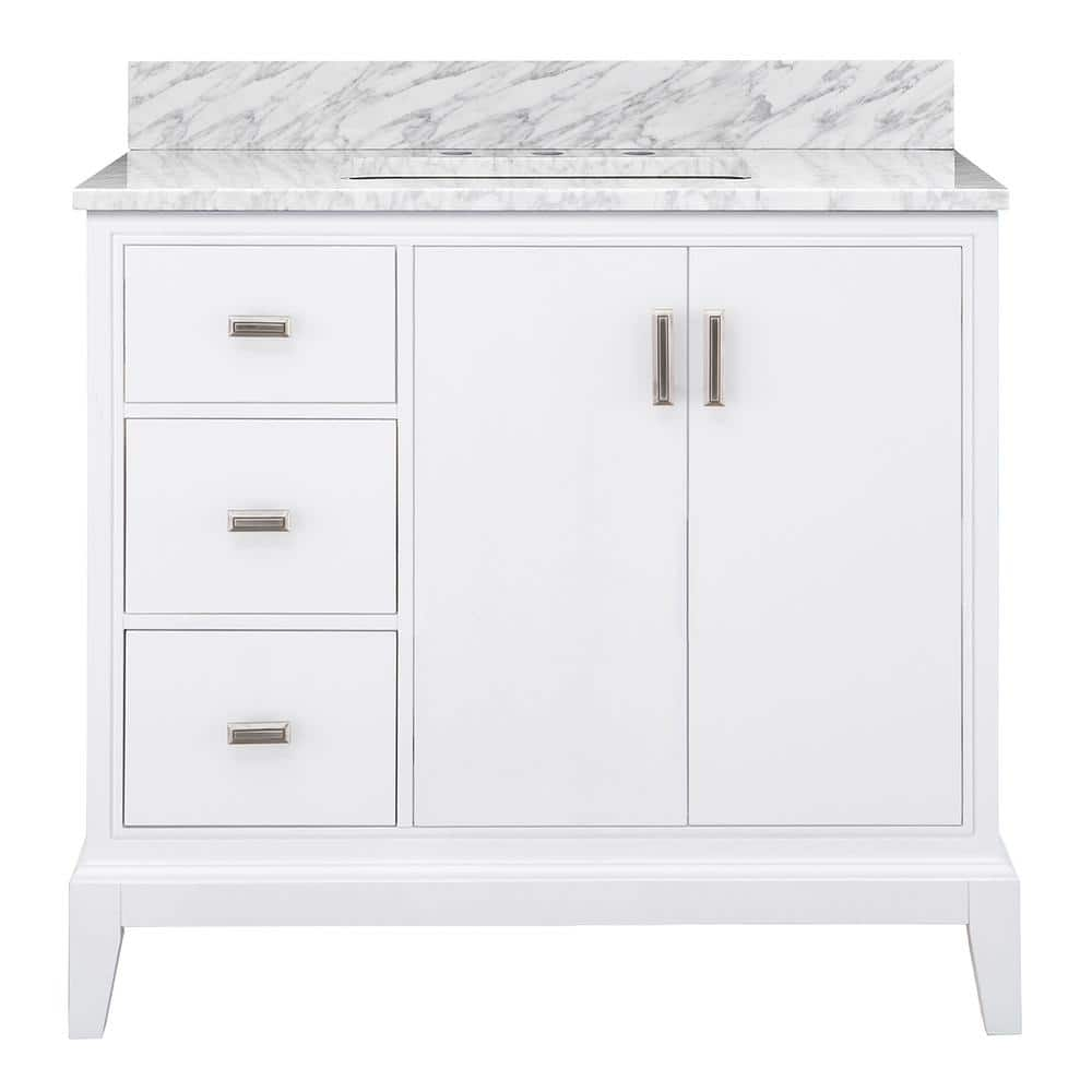 Shaelyn 37 in W x 22 in D x 34.78 in. H Single Sink Freestanding Bath Vanity (L) in White with Carrara White Marble Top -  Home Decorators Collection, SLWV3622DL-ACR