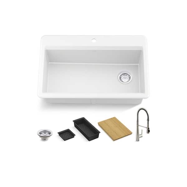 KOHLER Lassen 33 in. Drop-in Single Bowl Granite Composite Kitchen Workstation Sink in Matte White with Faucet