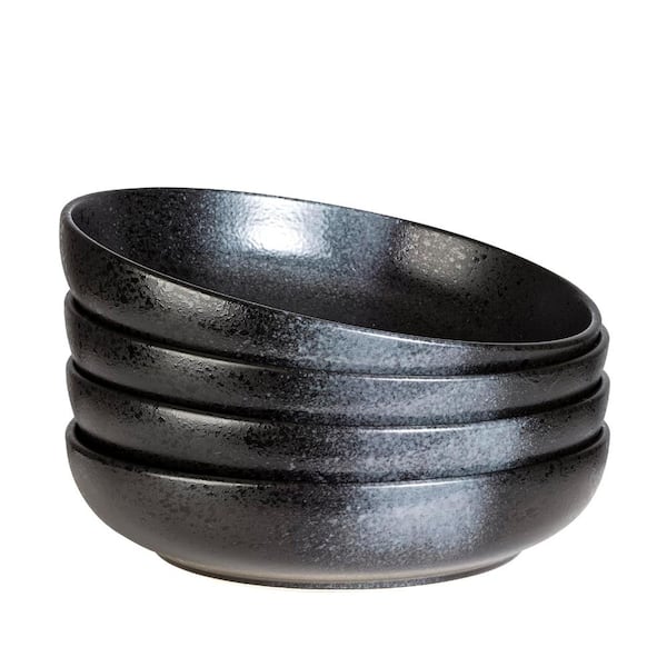 65 fl. oz. Black and Gray Ceramic Wide Shallow Pasta and Salad Bowl Set of 4, 10 in. Salad, Dessert, Pasta & Soup Bowls