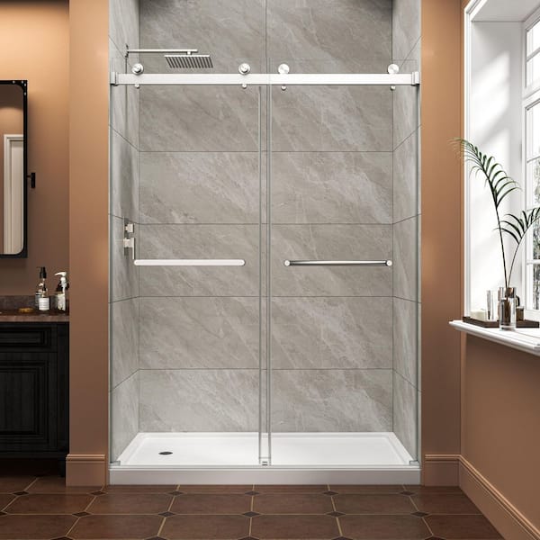 60 in. W x 76 in. H Double Sliding Frameless Shower Door in Brushed Nickel with 5/16 in. Tempered Glass, Reversible