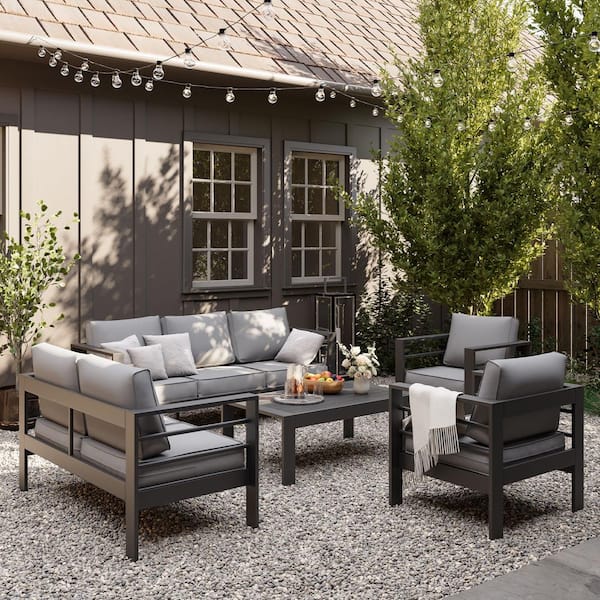 Poteban 5-Piece Oversized Aluminum Patio Sectional Sofa Set with 5 in. Dark Gray Cushions
