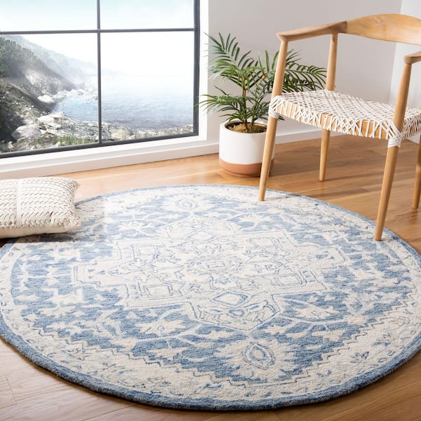 Micro-Loop 9 ft. x 9 ft. Round Blue/Ivory Floral Medallion Area Rug