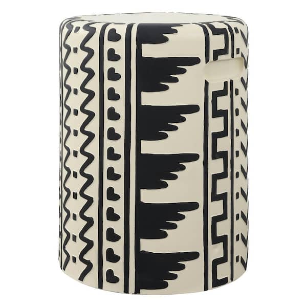 JONATHAN Y Yoli 18 in. MidCentury Modern Geometric Drum Garden Stool, Cream/Black