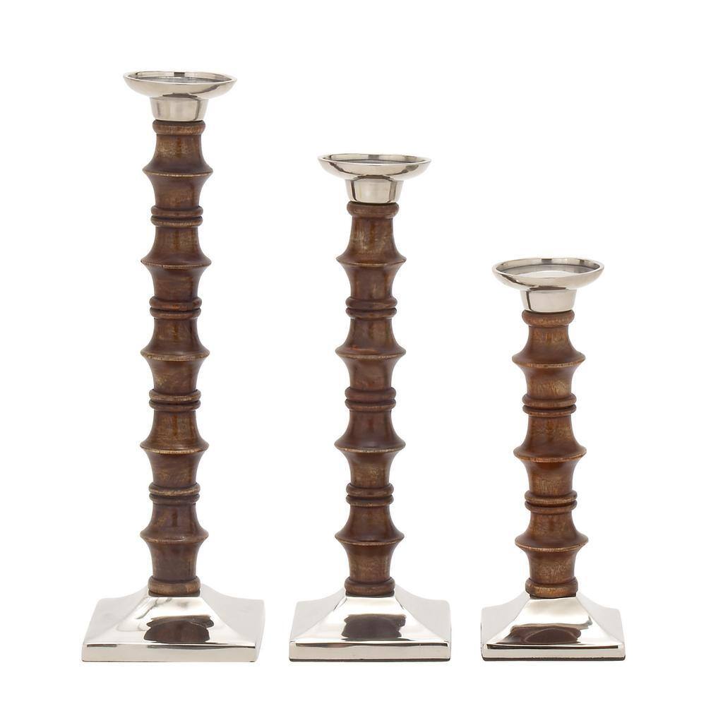 Elegant Traditional Wood Candlestick Trio in Brown - 12" Height