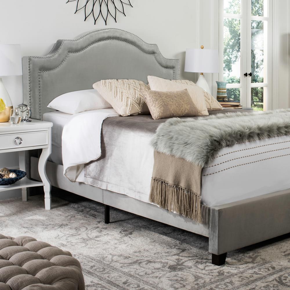Elegant Pewter Linen Full Platform Bed with Nailhead Trim