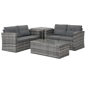 6-Piece Metal Gray Wicker Patio Conversation Set with Deck Box and Gray Cushion