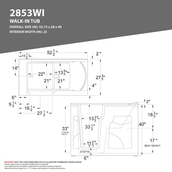 Safe Premier 52.3 in. x 60 in. x 30 in. Left Drain Walk-in Whirlpool Bathtub in White
