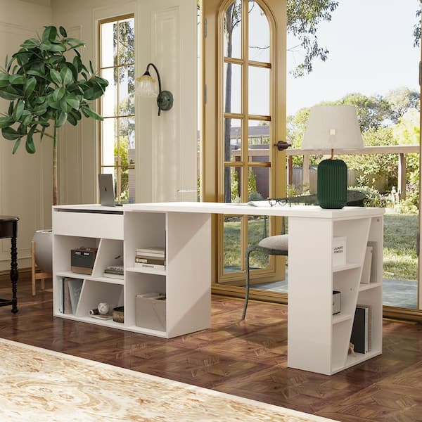 FUFU&GAGA 55.1 in. Width Rectangle White Wooden 1 Drawer Writing Desk, Compuer Home Office Desk with Open Storage Shelves