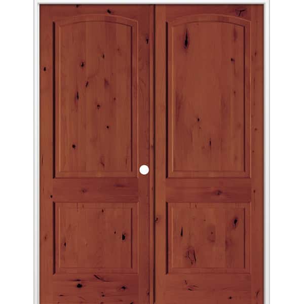 72 in. x 96 in. Rustic 2-Panel Arch Top Left Active Amaretto Stain Knotty Alder Wood Double Prehung Interior Door