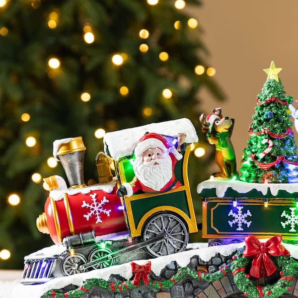 Glitzhome 10.25 in. Lighted Santa Train Resin Christmas Village