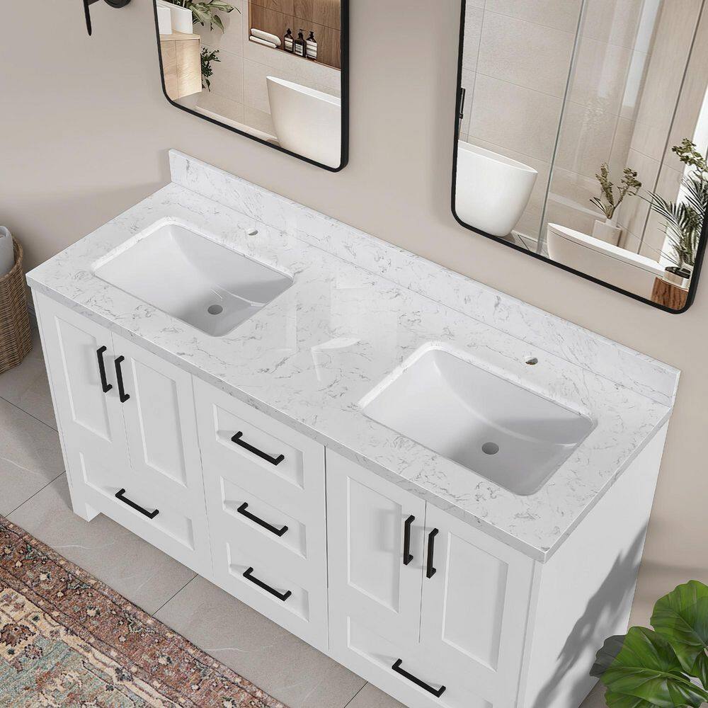 Kar 66 in. W x 22 in. D Engineered Stone Marble Rectangular Double Sink Bath Vanity Top with Backsplash in Carrara White price history on PriceWatchPro