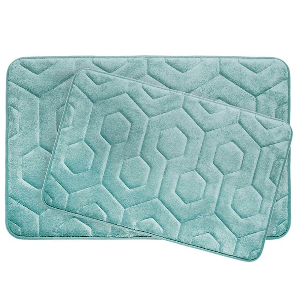 BounceComfort Hexagon Aqua 20 in. x 34 in. Memory Foam Bath Mat Set (2-Piece)