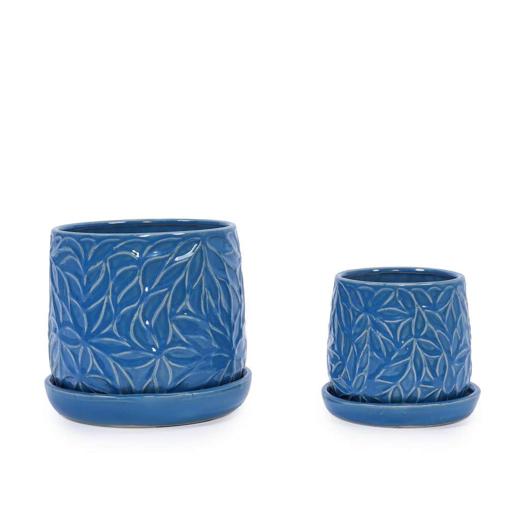 Set of 2 Blue Leaf Pattern Ceramic Planters with Drainage Holes-Modern Glossy Indoor/Outdoor Flower Pots price history on PriceWatchPro
