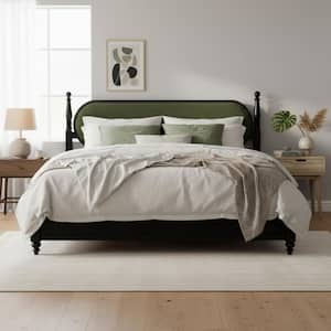 Farmhouse Black and Green Wood Frame Queen Size Platform Bed with Upholstered Headboard and Slat Support