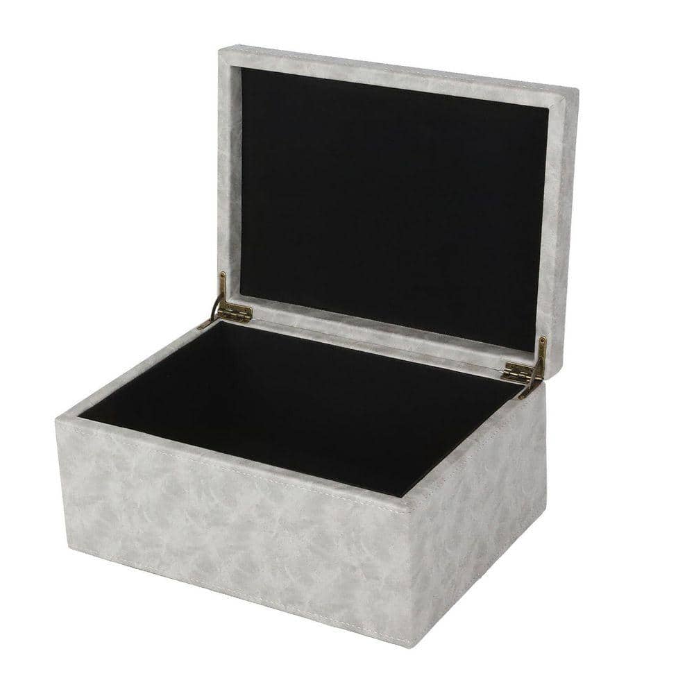 11 in. W Grey Faux Leather Keepsake Box with Hinged Lid-Large Wooden Storage Organizer for Jewelry and Home Office WK1668