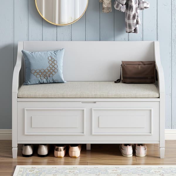 Harper & Bright Designs 41.9 in. White Entryway Storage Bench Rustic Dining Bench with Safety Hinge and Beige Cushion