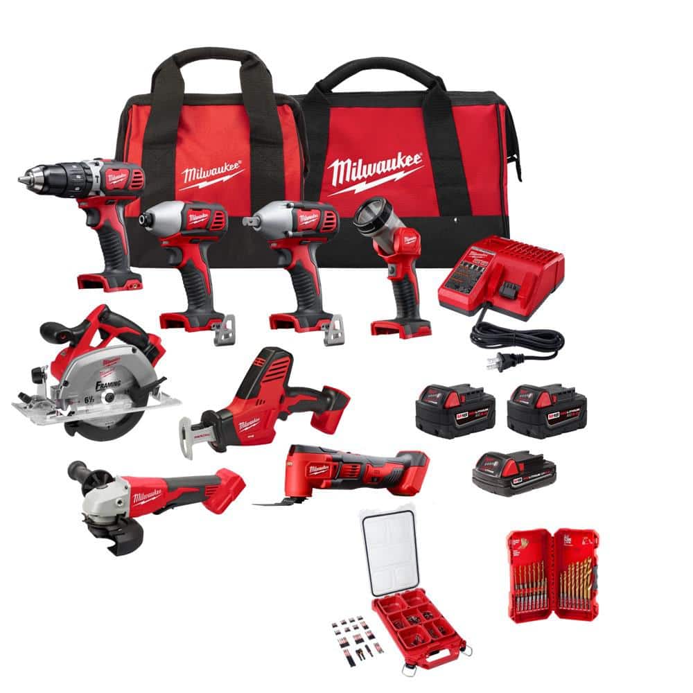 Milwaukee M18 18V Lithium-Ion Cordless Combo Kit (8-Tool) with (3) Batteries, Charger and (2) Tool Bags and Drill Bit Sets