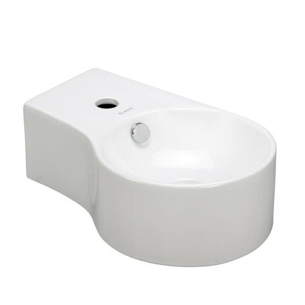 Elanti Wall-Mounted Round Deep Bowl Right-Facing Bathroom Sink in White