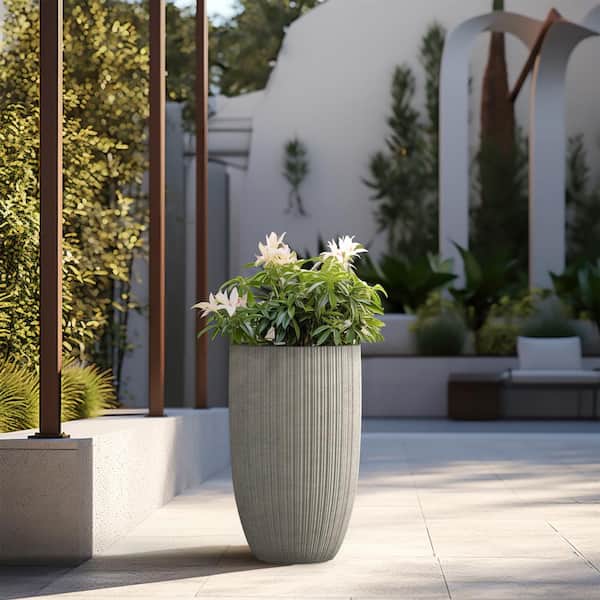 Lightweight Textured 13.5 in. x 24.5 in. Light Gray Large Tall Round Concrete Plant Pot/Planter for Indoor and Outdoor