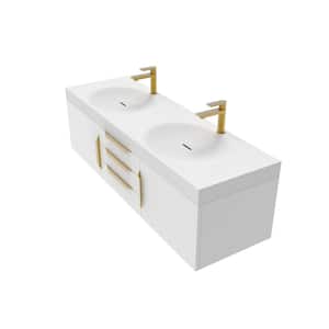 Thames 60 in. W x 18.9 D x 16.25 H Double Floating Bath Vanity in Matte White with Gold Trim w Solid Surface White Top