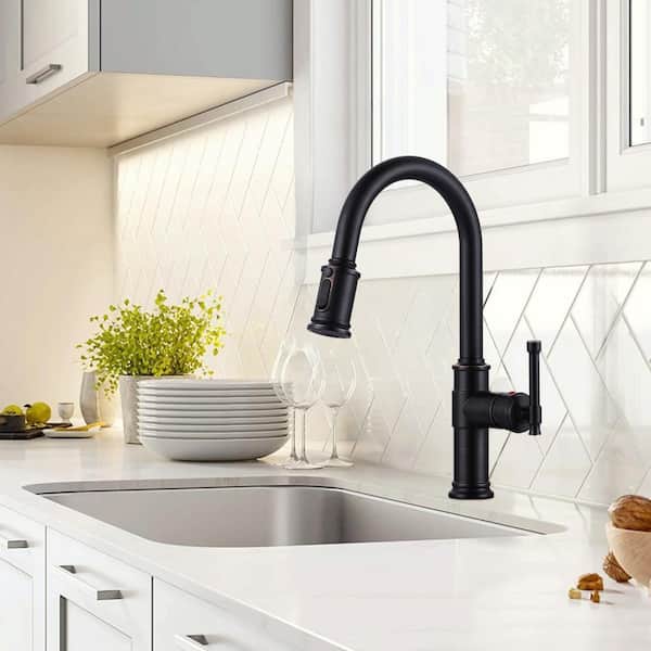 Oil Rubbed Bronze Single Handle Pull-Down Sprayer Kitchen Faucet with 3-Mode Sprayer and Deckplate in Stainless Steel