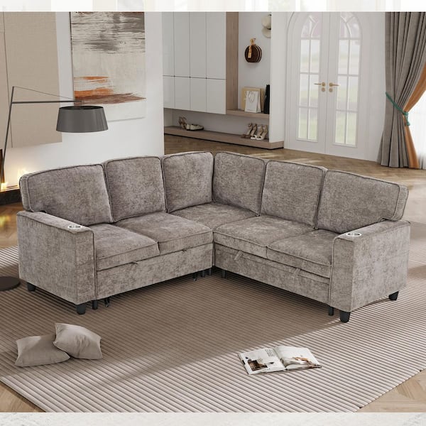 Corvian Modern 81 in. Square Arms Chenille Upholstered L-Shape Sectional Sofa Bed in. Light Brown with Storage, USB Port