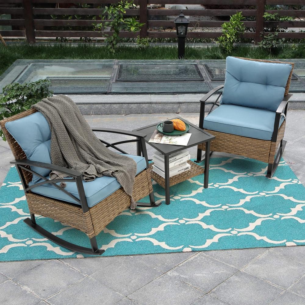 3-Piece Wicker Patio Conversation Set with Blue Cushions, Rocking Chairs an