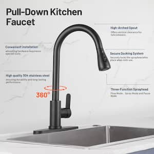 Gooseneck Single-Handle Pull Down Sprayer Kitchen Faucet with Deckplate and Sweep Spray Pull Out Sink Faucet in Black