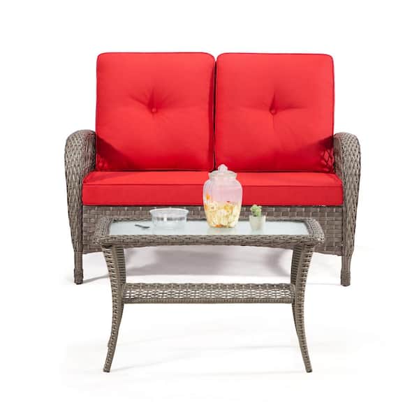 Unbranded 2-Pieces Brown Wicker Outdoor All Weather Sectional Set with One Love Seat and One Coffee Table, with Red Cushions