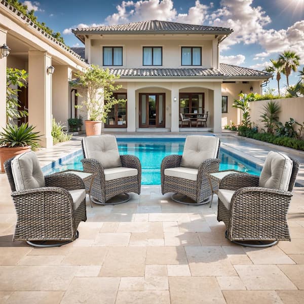 Opohoro Brown 6-Piece Wicker Outdoor Swivel Rockers Patio Conversation Set with Beige Cushions and Side Tables