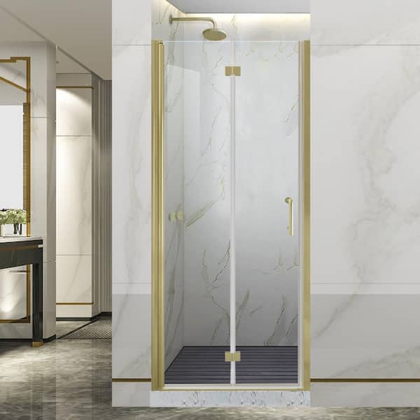 Lonni 30-31.9 in.W x 72 in.H Bi-Fold Frameless Shower Door with 1/4 in Clear SGCC Tempered Glass and Brushed Gold Finish