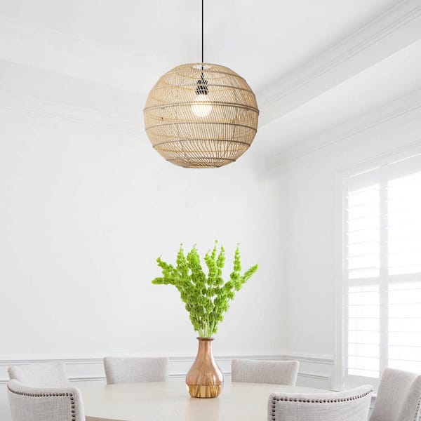 1-Light Black and Natural Globe Adjustable Pendant Light with Rattan Shaded for Living Room, No Bulbs Included