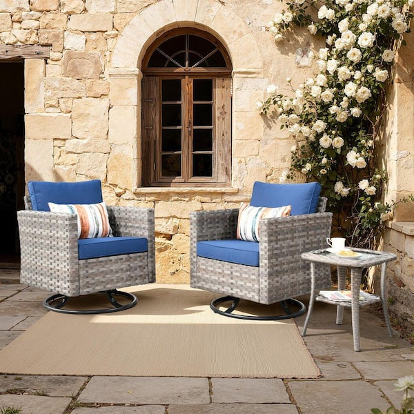 Baldwin Gray 3-Piece Wicker Outdoor Patio Conversation Swivel Rocking Chair Seating Set with Navy Blue Cushions