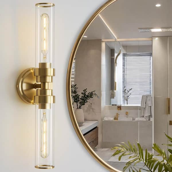2-Light Vintage Gold Wall Sconce with Clear Glass Shade Industrial Antiqued Bathroom Vanity Light