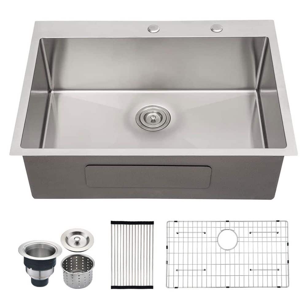 30 in. Drop-In Single Bowl 16 Gauge Brushed Nickel Stainless Steel Kitchen Sink with Bottom Grid and Basket Strainer price history on PriceWatchPro