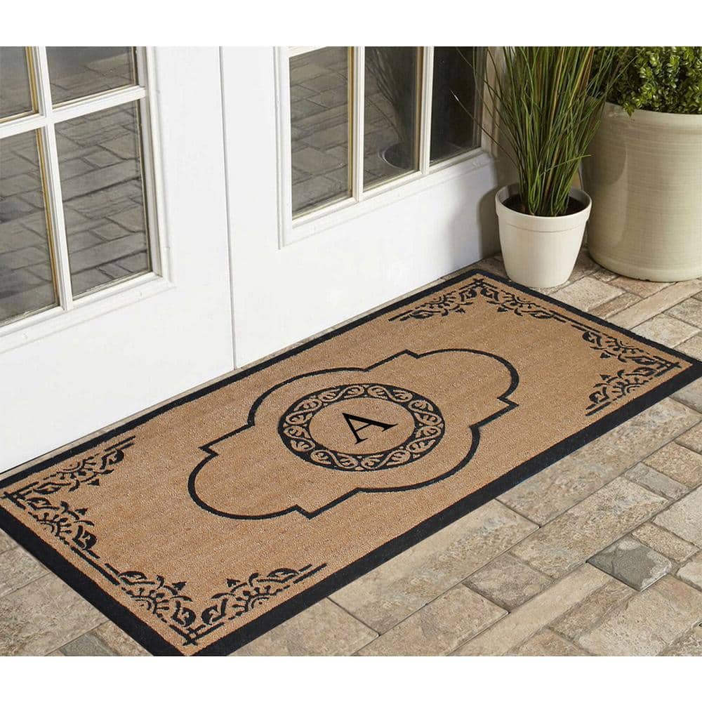 Handcrafted Black and Beige Coir Personalized Outdoor Doormat