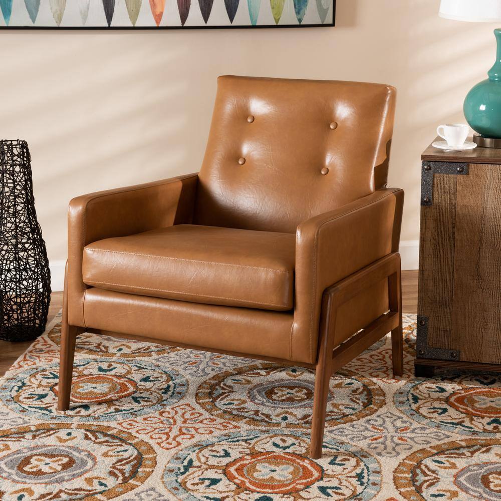 Tan Faux Leather and Walnut Brown Wood Mid-Century Lounge Chair