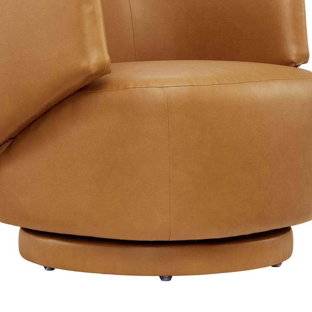 Tan Faux Leather Barrel Swivel Accent Chair with Wood Base