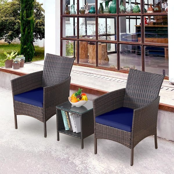 3-Piece Brown Wicker Patio Conversation Set with Dark Blue Cushions and a Table for Garden