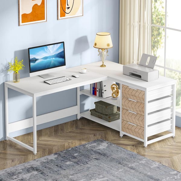 Lanita 59 in. L Shaped White Wood 4-Drawer Computer Desk with Storage, Reversible Corner Desk Study Writing Table