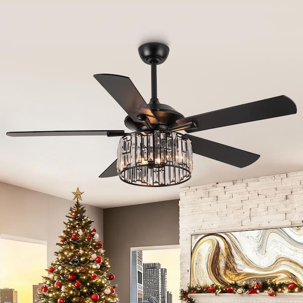 Dicken 52 in. Modern Indoor 5-Blade Downrod Mount Black Crystal Ceiling Fan with Light Kit and Remote Control
