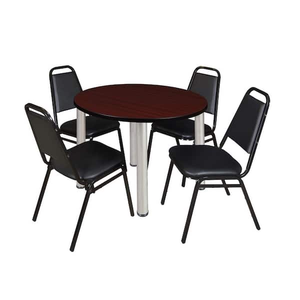 Regency Rumel 36 in. Round Chrome and Mahagony Wood Breakroom Table and 4 Restaurant Stack Chairs (4-Capacity)