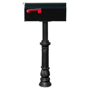 Hanford Single Black Post System Non-Locking Mailbox with Ornate Base and E1 Economy Mailbox