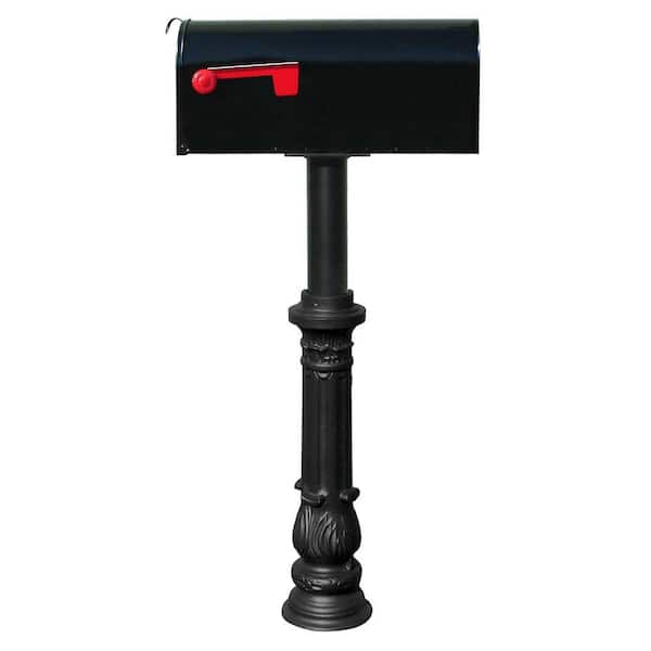 Unbranded Hanford Single Black Post System Non-Locking Mailbox with Ornate Base and E1 Economy Mailbox